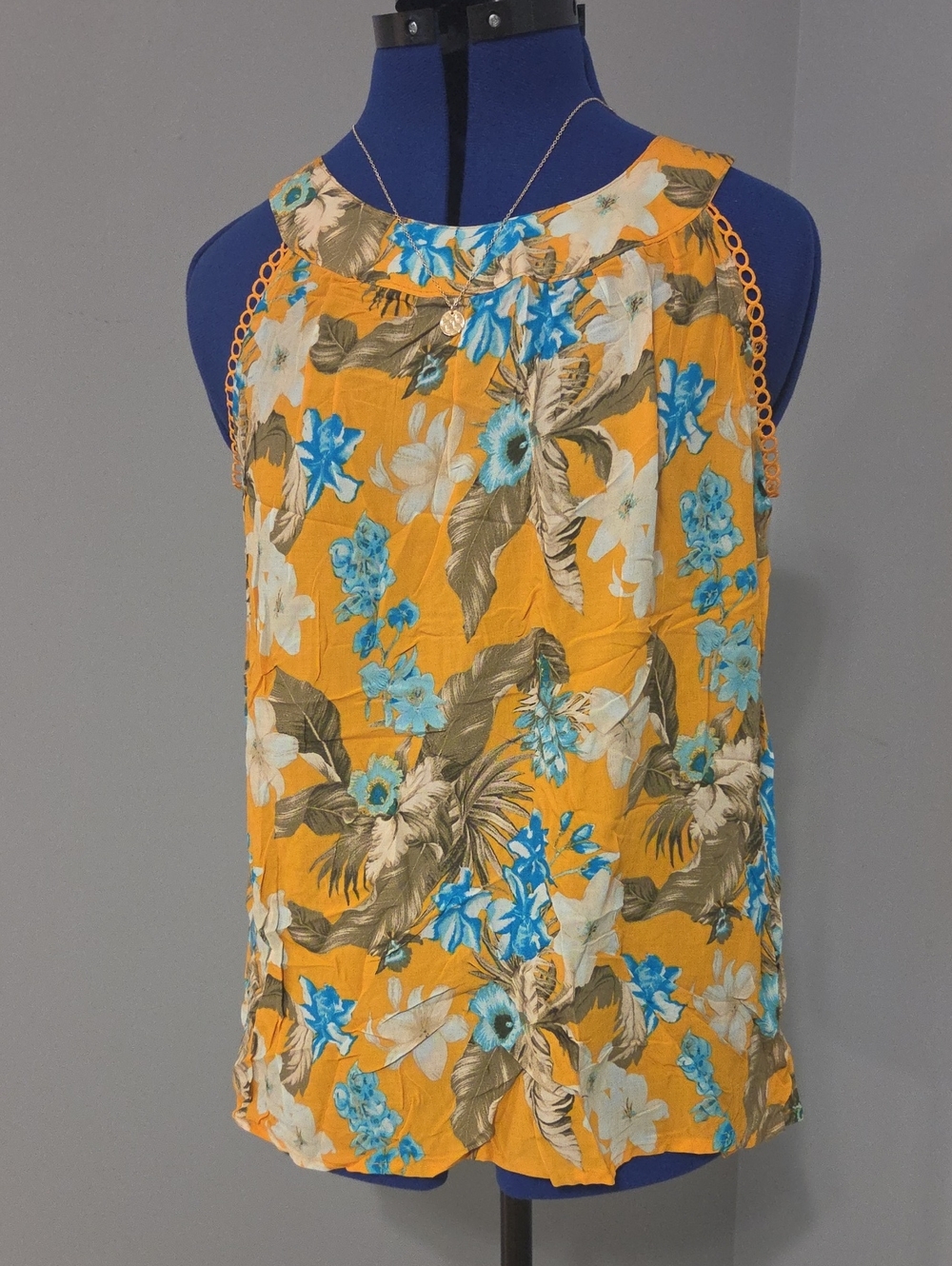 Cato Yellow Floral Sleeveless Tank with Blue Accents